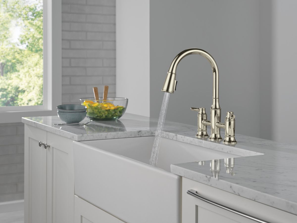 DELTA Renaldi Two Handle Pull-Down Bridge Kitchen Faucet — Lumicoat® Polished Nickel