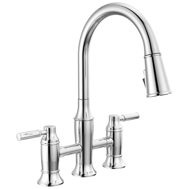 DELTA Renaldi Two Handle Pull-Down Bridge Kitchen Faucet — Lumicoat® Chrome