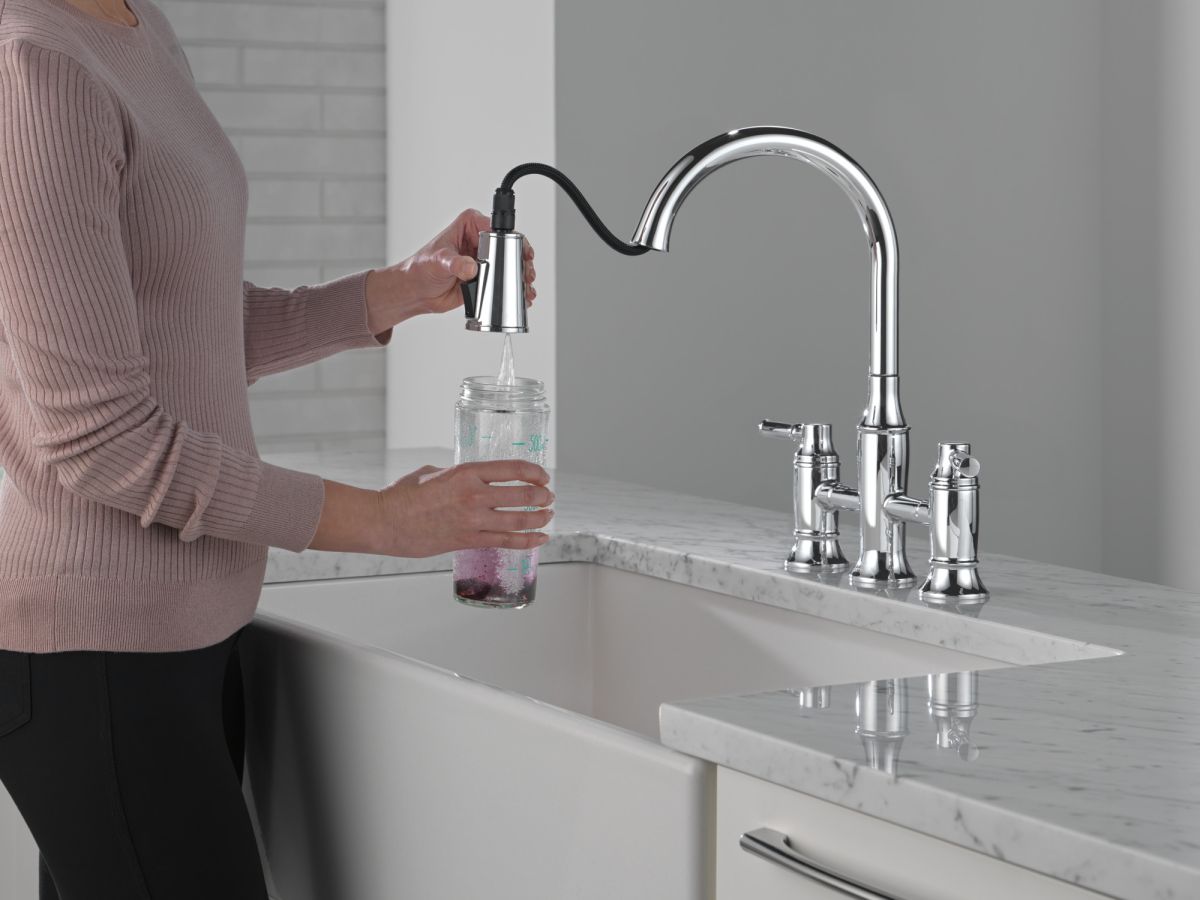 DELTA Renaldi Two Handle Pull-Down Bridge Kitchen Faucet — Lumicoat® Chrome