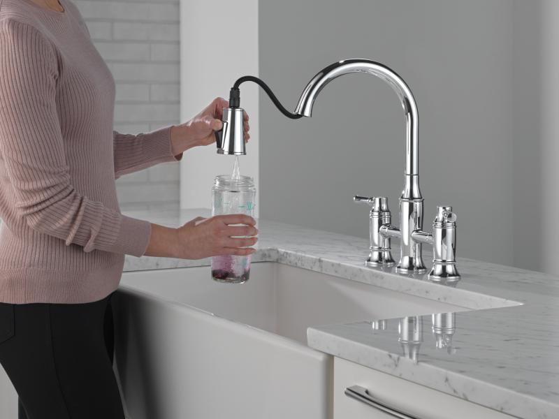 DELTA Renaldi Two Handle Pull-Down Bridge Kitchen Faucet — Lumicoat® Chrome