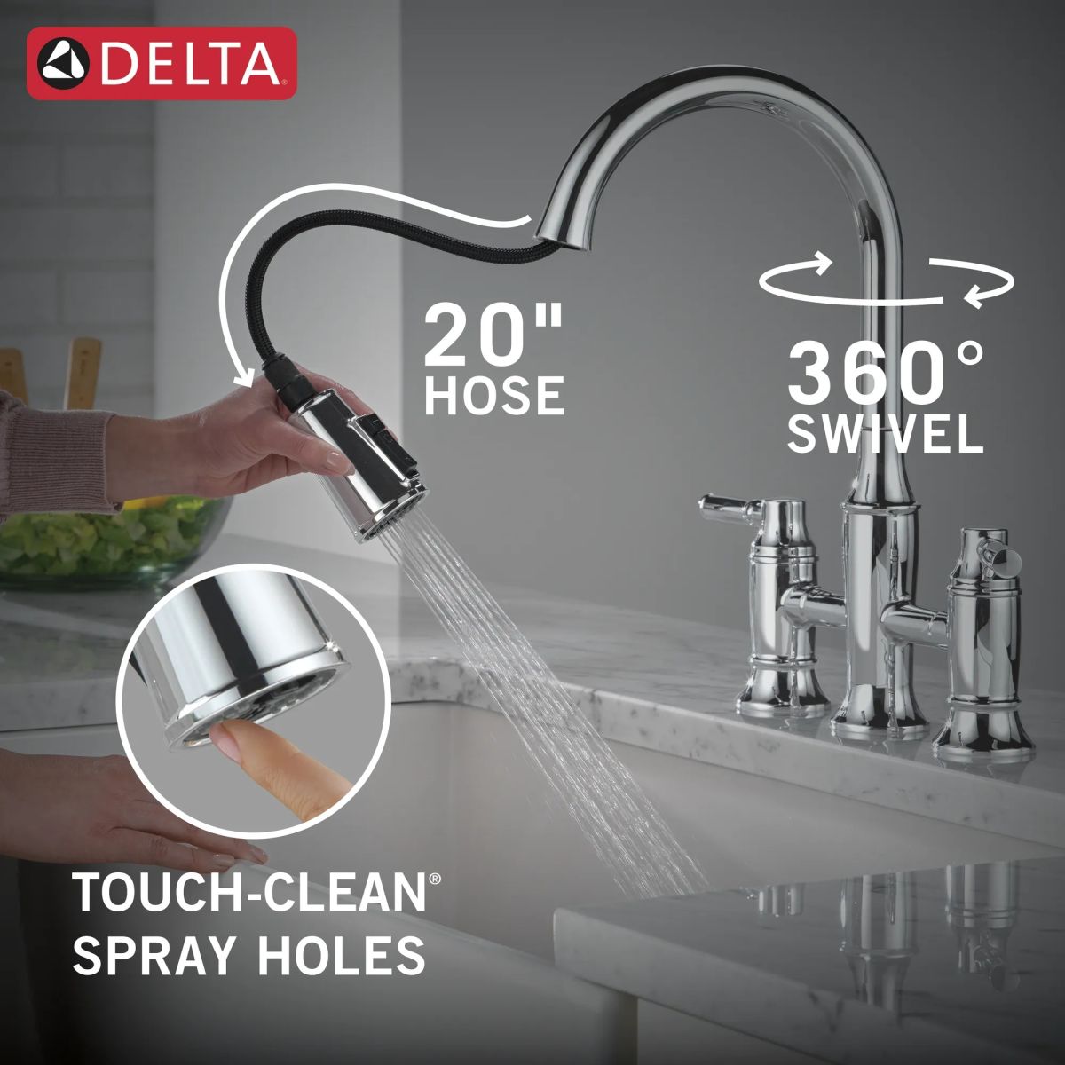 DELTA Renaldi Two Handle Pull-Down Bridge Kitchen Faucet — Lumicoat® Chrome