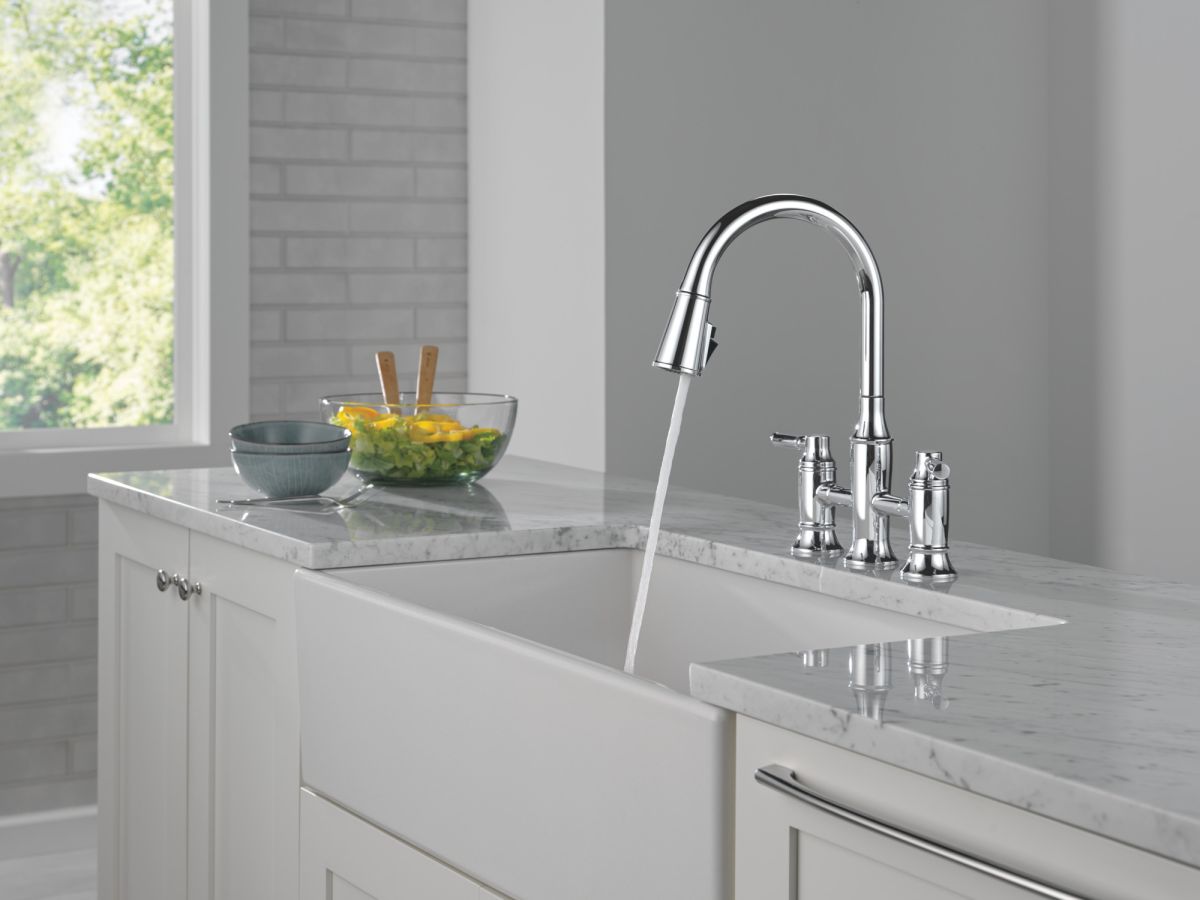 DELTA Renaldi Two Handle Pull-Down Bridge Kitchen Faucet — Lumicoat® Chrome