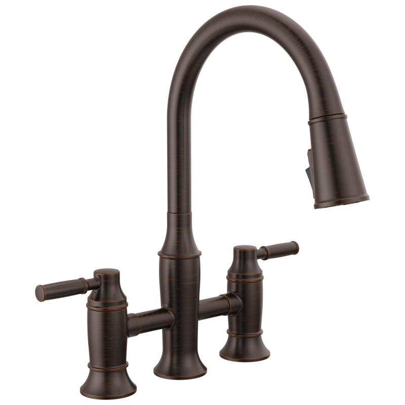DELTA Renaldi Two Handle Pull-Down Bridge Kitchen Faucet — Venetian Bronze