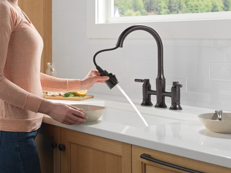 DELTA Renaldi Two Handle Pull-Down Bridge Kitchen Faucet — Venetian Bronze