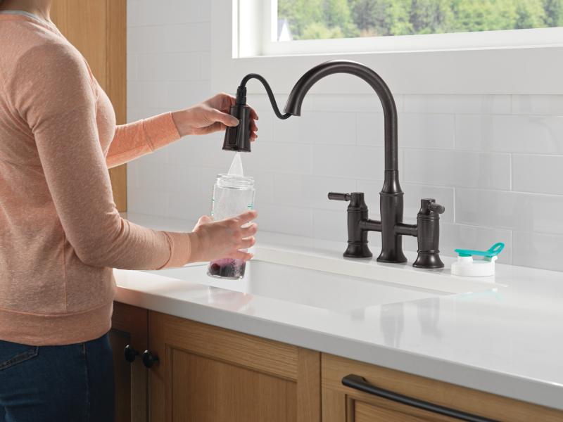 DELTA Renaldi Two Handle Pull-Down Bridge Kitchen Faucet — Venetian Bronze