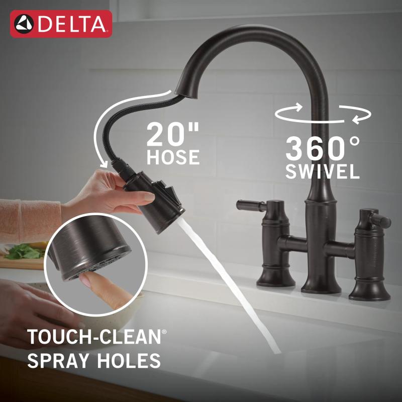 DELTA Renaldi Two Handle Pull-Down Bridge Kitchen Faucet — Venetian Bronze
