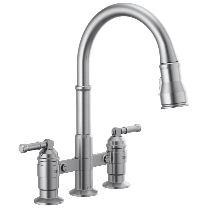 DELTA Broderick Two Handle Pull-Down Bridge Kitchen Faucet — Arctic Stainless