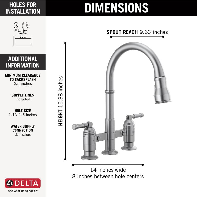 DELTA Broderick Two Handle Pull-Down Bridge Kitchen Faucet — Arctic Stainless