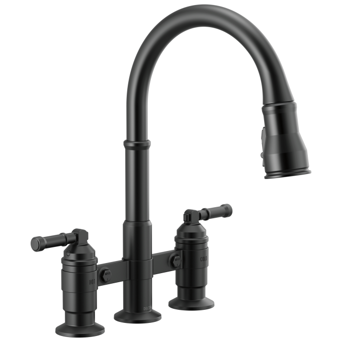 DELTA Broderick Two Handle Pull-Down Bridge Kitchen Faucet — Matte Black