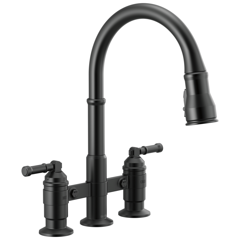 DELTA Broderick Two Handle Pull-Down Bridge Kitchen Faucet — Matte Black