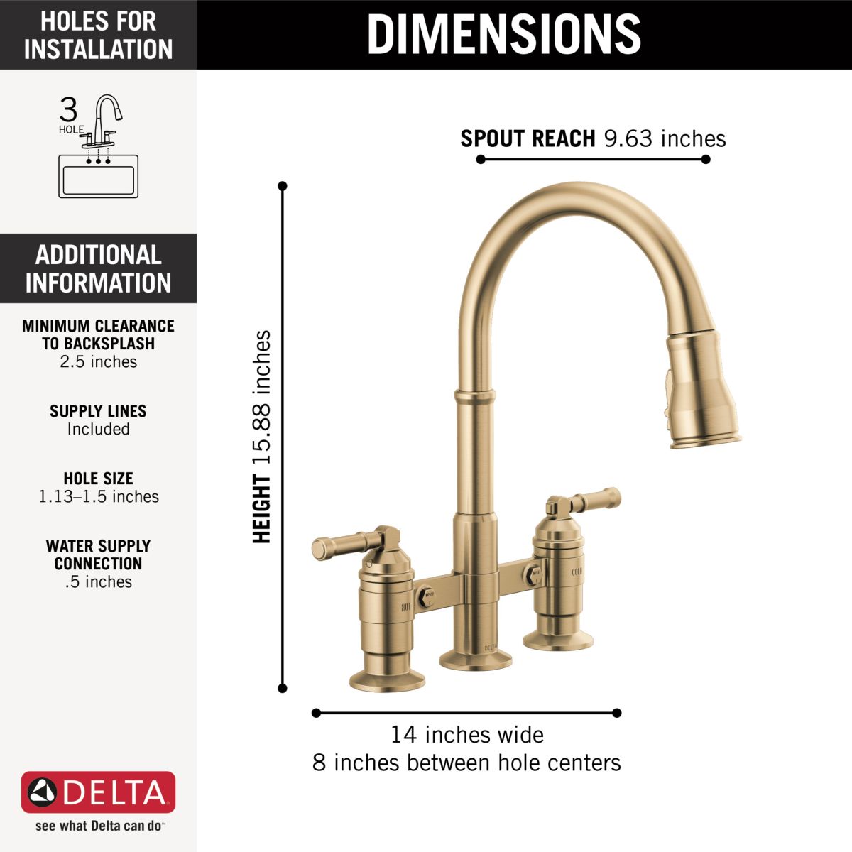 DELTA Broderick Two Handle Pull-Down Bridge Kitchen Faucet — Champagne Bronze