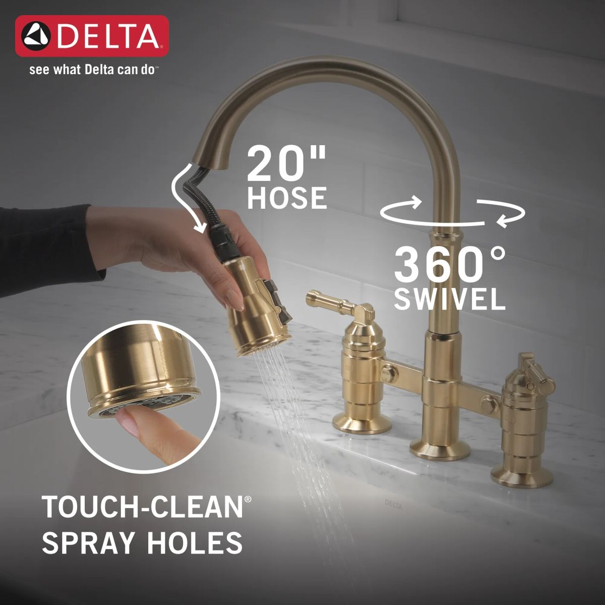 DELTA Broderick Two Handle Pull-Down Bridge Kitchen Faucet — Champagne Bronze