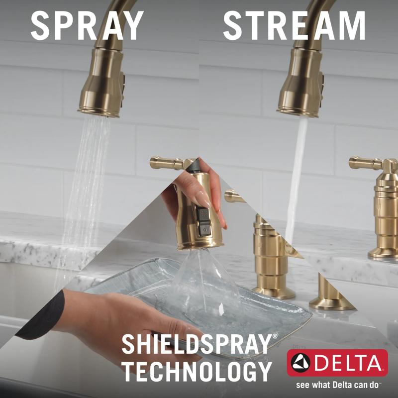 DELTA Broderick Two Handle Pull-Down Bridge Kitchen Faucet — Champagne Bronze