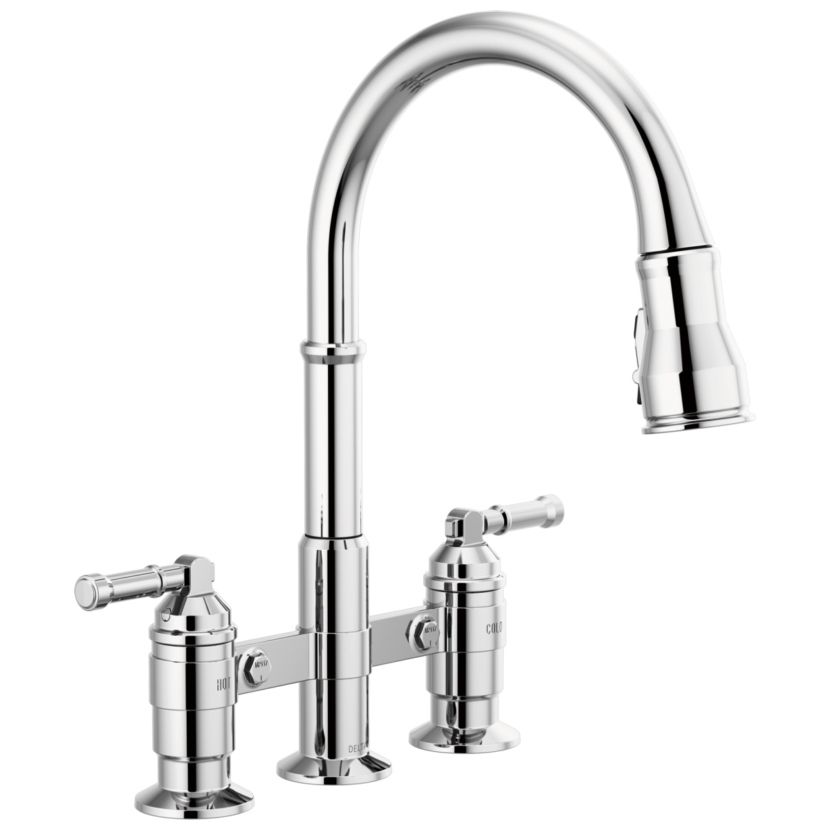 DELTA Broderick Two Handle Pull-Down Bridge Kitchen Faucet — Chrome