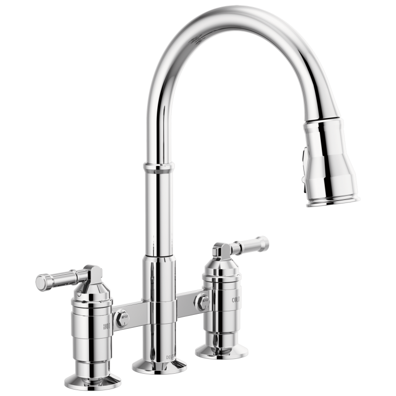 DELTA Broderick Two Handle Pull-Down Bridge Kitchen Faucet — Chrome