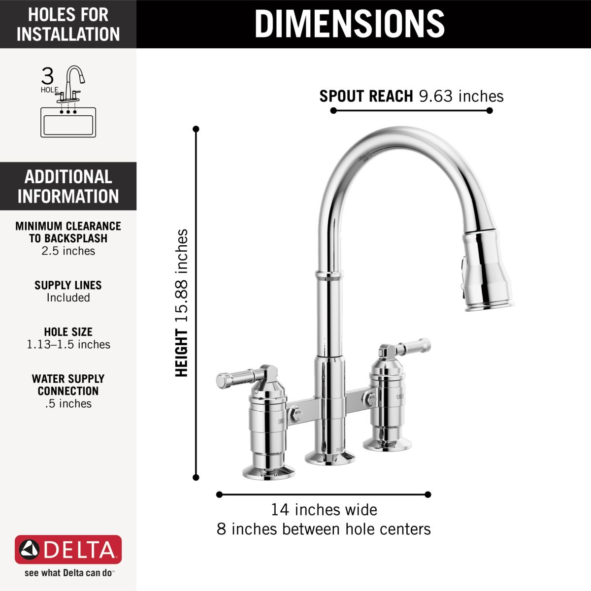 DELTA Broderick Two Handle Pull-Down Bridge Kitchen Faucet — Chrome