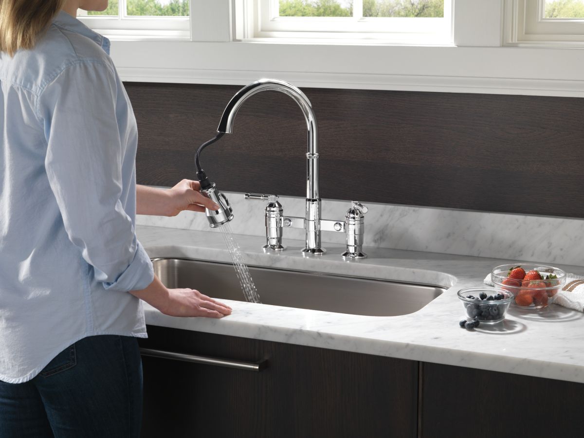 DELTA Broderick Two Handle Pull-Down Bridge Kitchen Faucet — Chrome