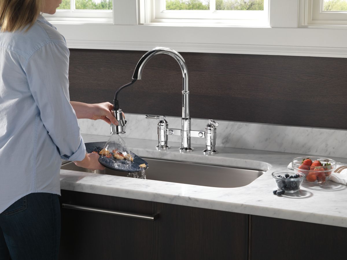 DELTA Broderick Two Handle Pull-Down Bridge Kitchen Faucet — Chrome
