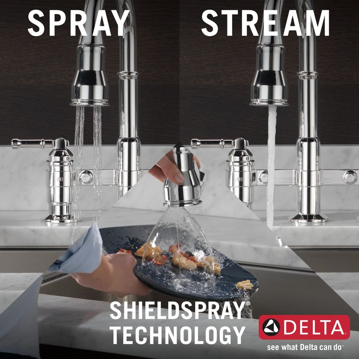 DELTA Broderick Two Handle Pull-Down Bridge Kitchen Faucet — Chrome