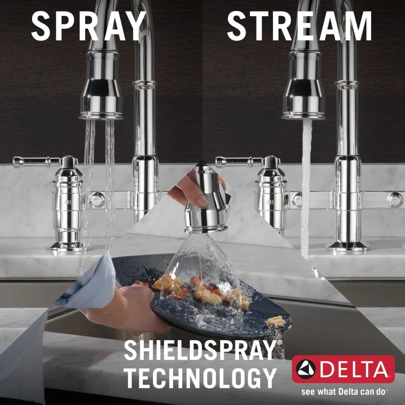 DELTA Broderick Two Handle Pull-Down Bridge Kitchen Faucet — Chrome