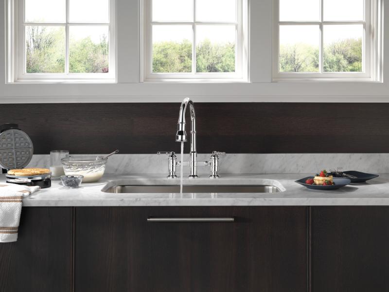DELTA Broderick Two Handle Pull-Down Bridge Kitchen Faucet — Chrome