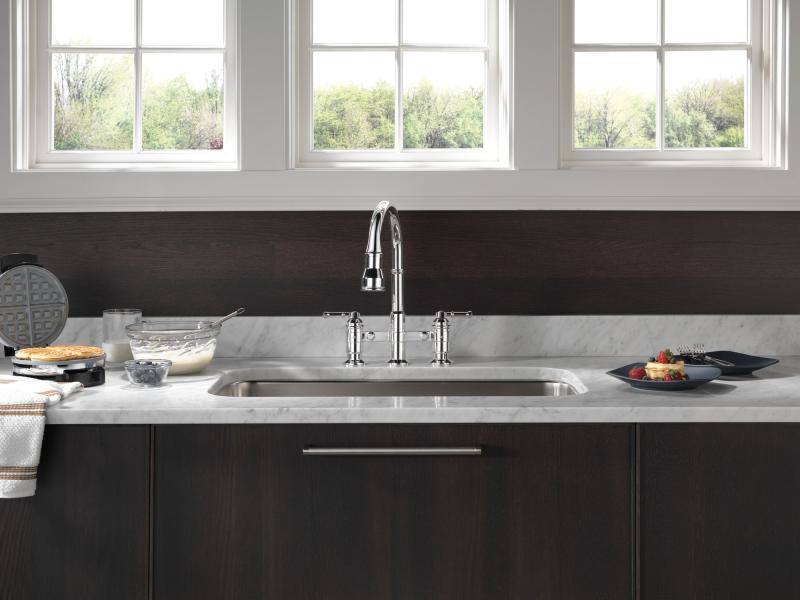 DELTA Broderick Two Handle Pull-Down Bridge Kitchen Faucet — Chrome
