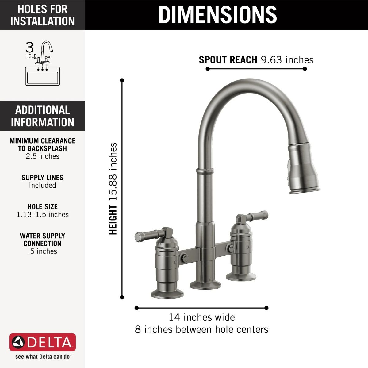DELTA Broderick Two Handle Pull-Down Bridge Kitchen Faucet — Black Stainless