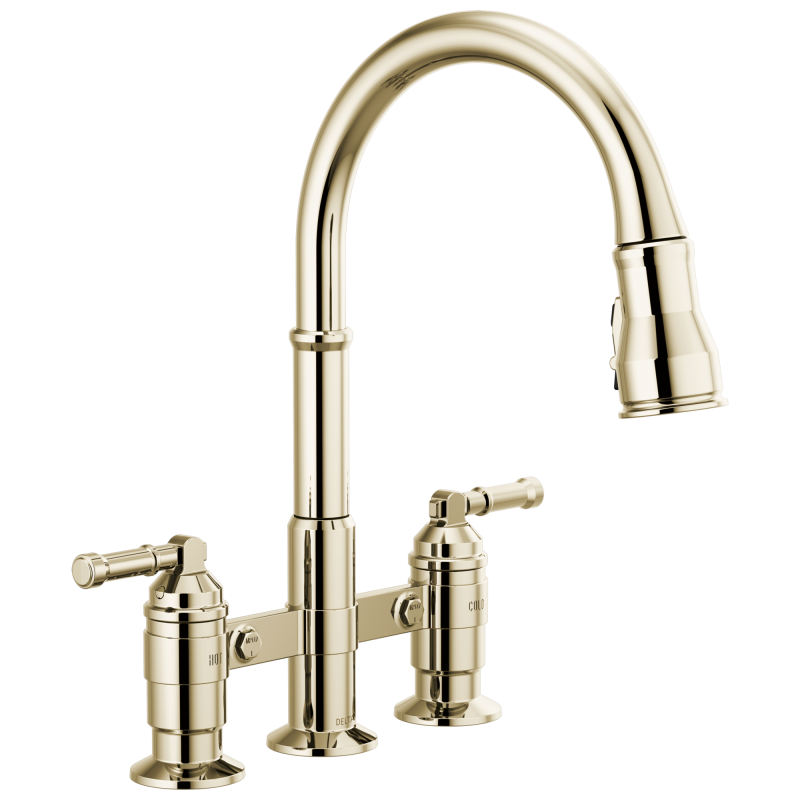 DELTA Broderick Two Handle Pull-Down Bridge Kitchen Faucet — Polished Nickel