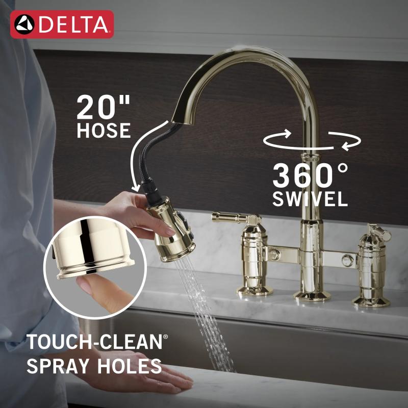 DELTA Broderick Two Handle Pull-Down Bridge Kitchen Faucet — Polished Nickel