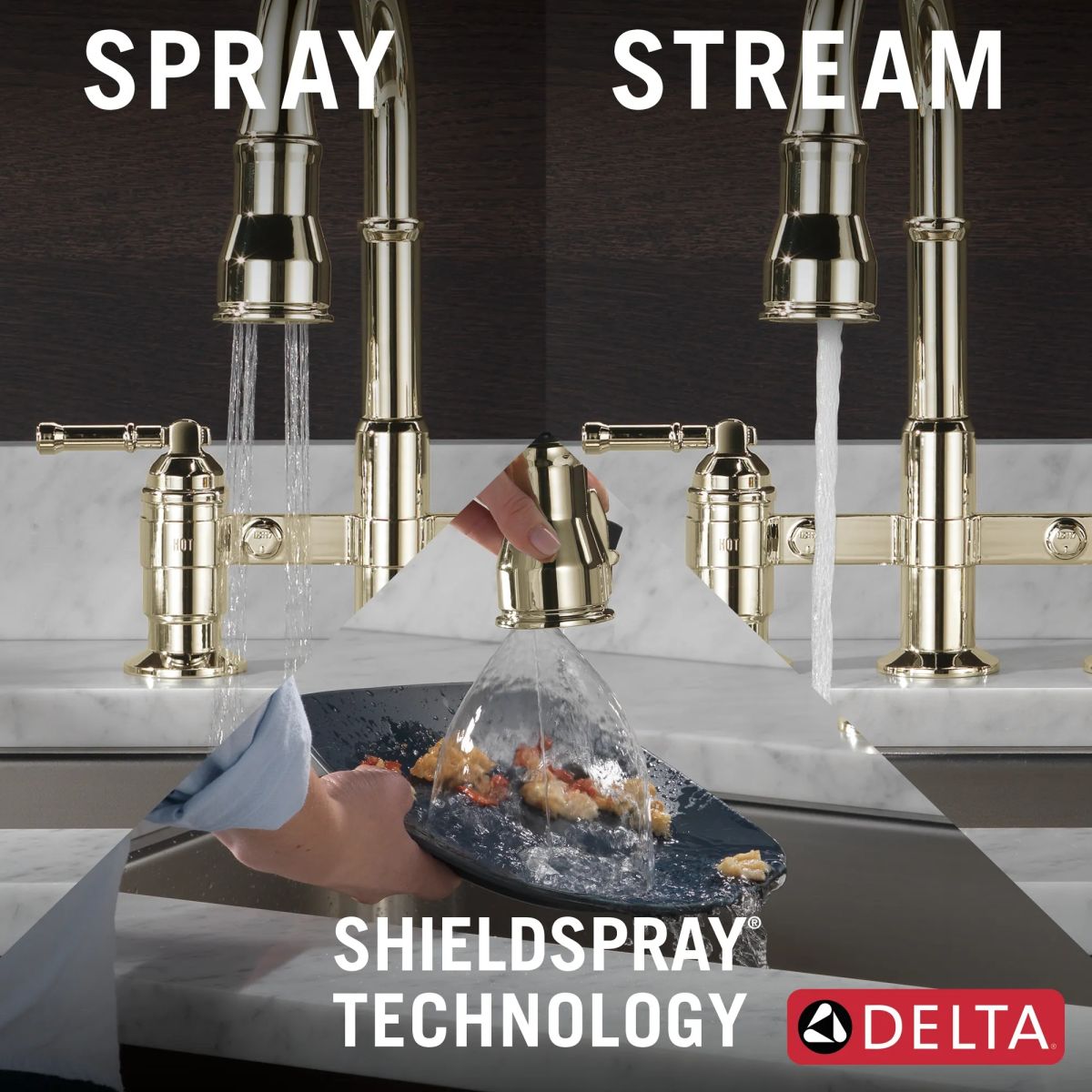 DELTA Broderick Two Handle Pull-Down Bridge Kitchen Faucet — Polished Nickel