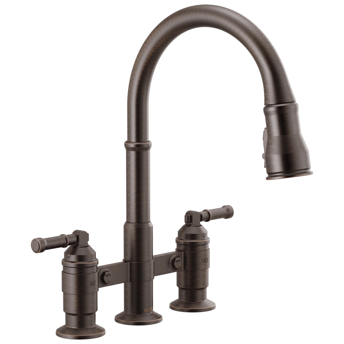 DELTA Broderick Two Handle Pull-Down Bridge Kitchen Faucet — Venetian Bronze