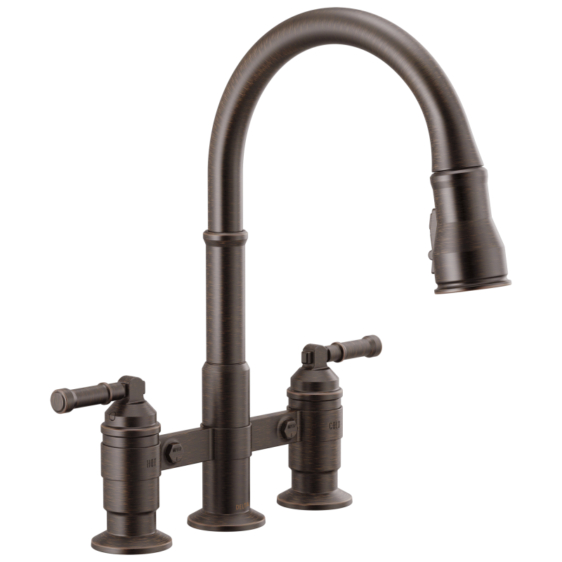 DELTA Broderick Two Handle Pull-Down Bridge Kitchen Faucet — Venetian Bronze