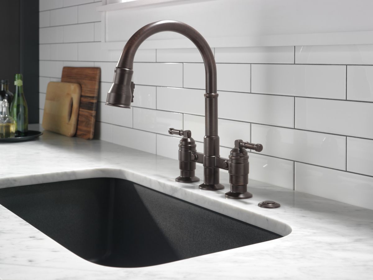 DELTA Broderick Two Handle Pull-Down Bridge Kitchen Faucet — Venetian Bronze