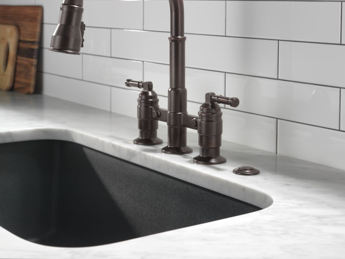 DELTA Broderick Two Handle Pull-Down Bridge Kitchen Faucet — Venetian Bronze