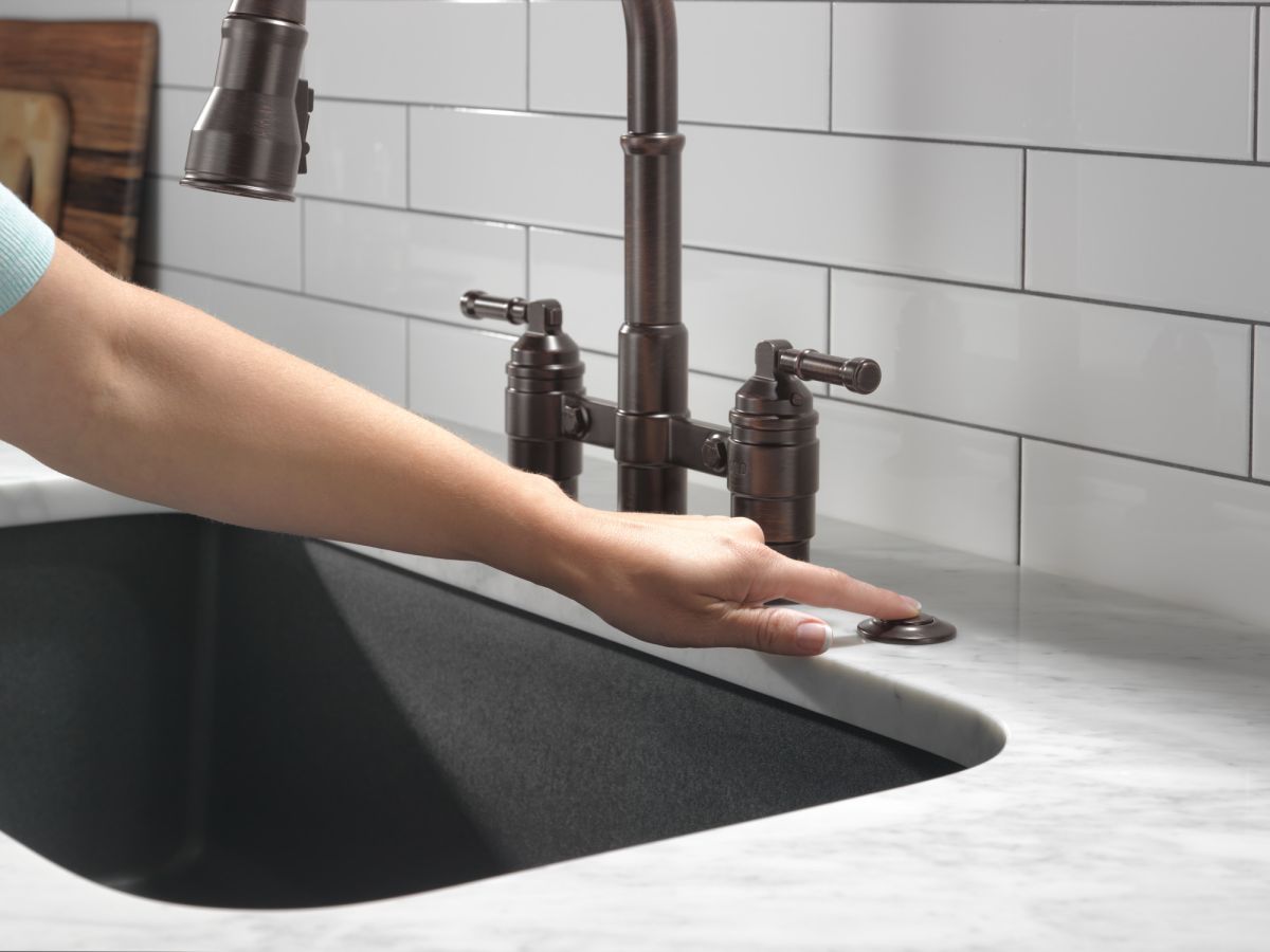 DELTA Broderick Two Handle Pull-Down Bridge Kitchen Faucet — Venetian Bronze