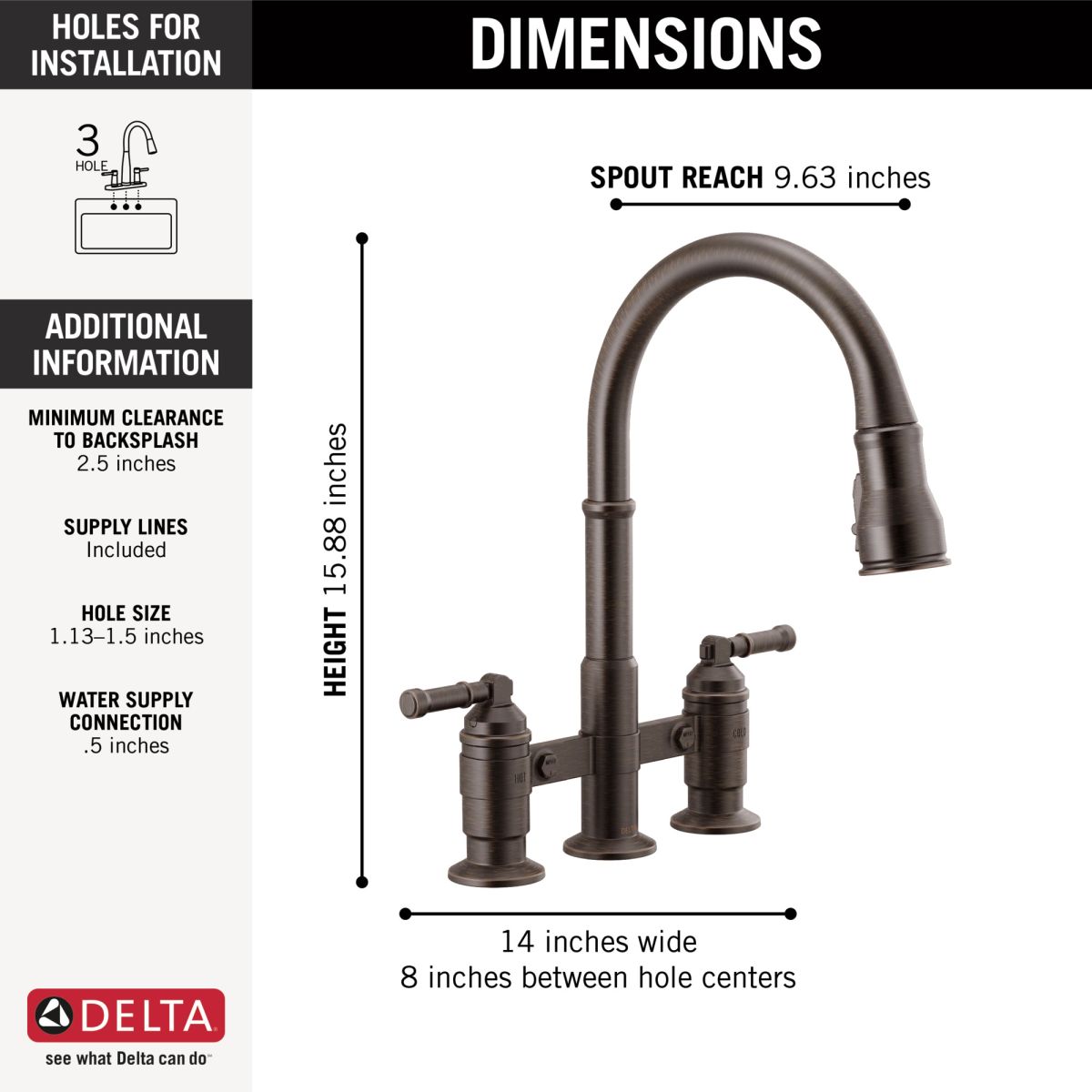 DELTA Broderick Two Handle Pull-Down Bridge Kitchen Faucet — Venetian Bronze