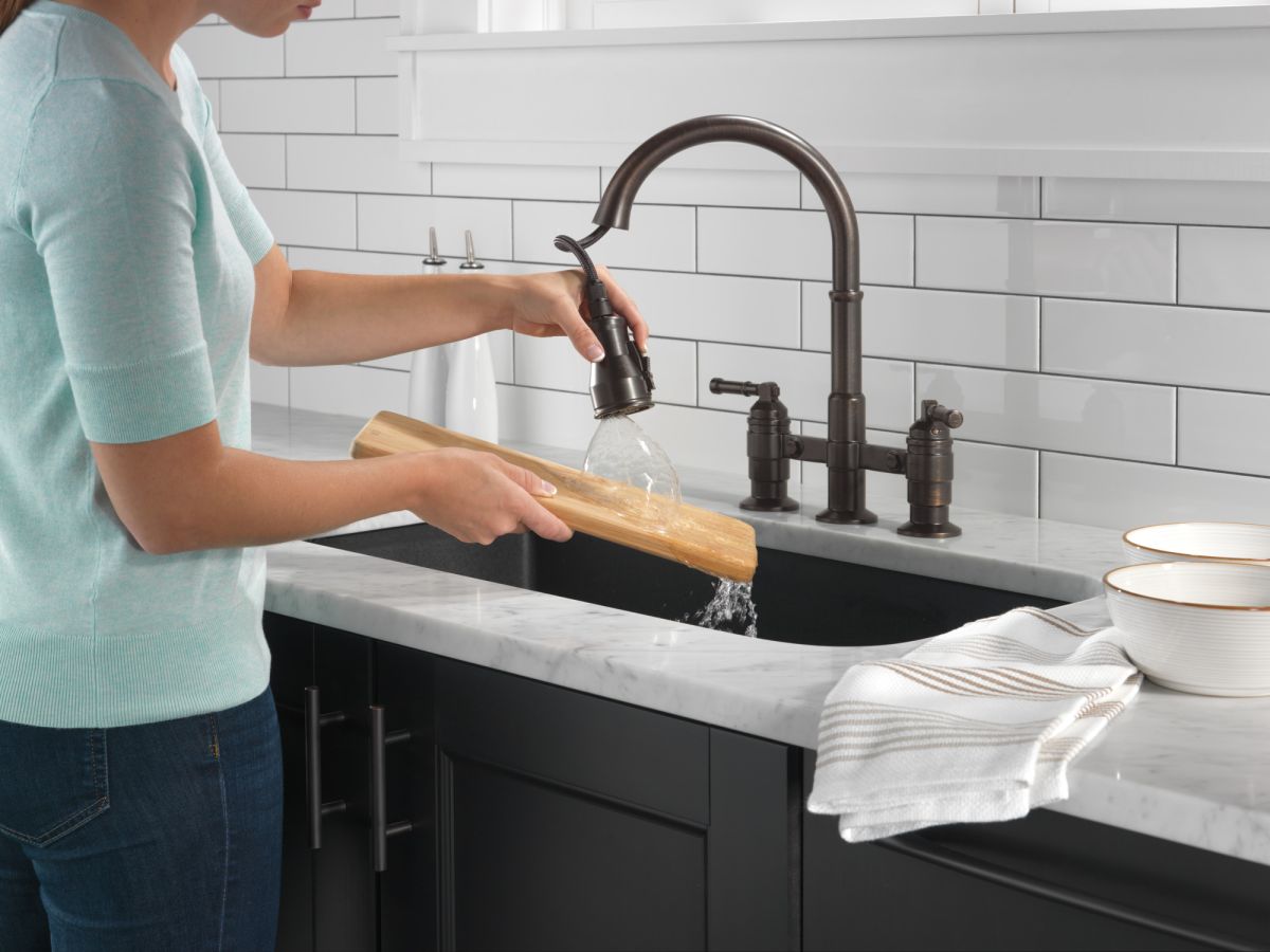 DELTA Broderick Two Handle Pull-Down Bridge Kitchen Faucet — Venetian Bronze