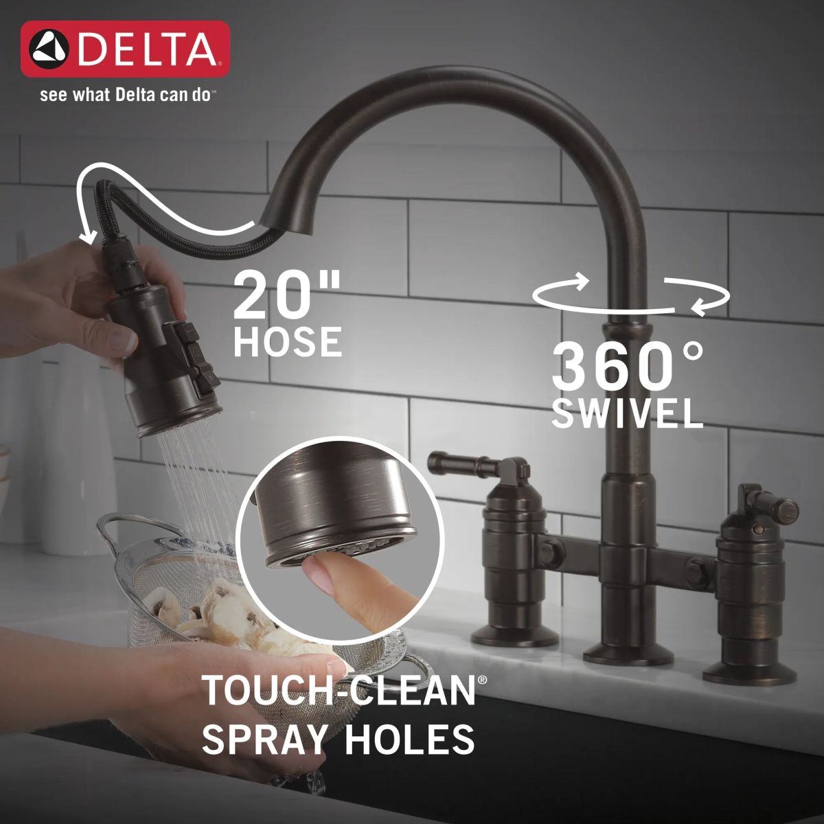 DELTA Broderick Two Handle Pull-Down Bridge Kitchen Faucet — Venetian Bronze