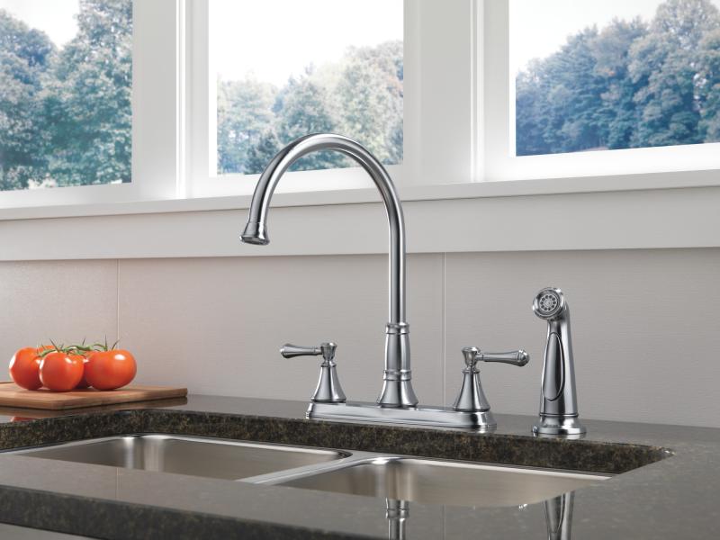 DELTA Cassidy Two Handle Kitchen Faucet with Spray — Arctic Stainless