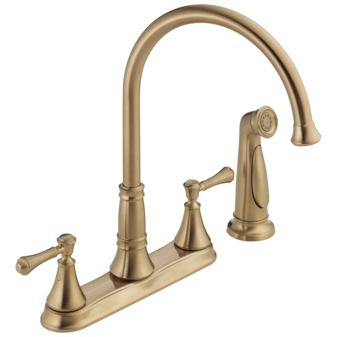 DELTA Cassidy Two Handle Kitchen Faucet with Spray — Champagne Bronze