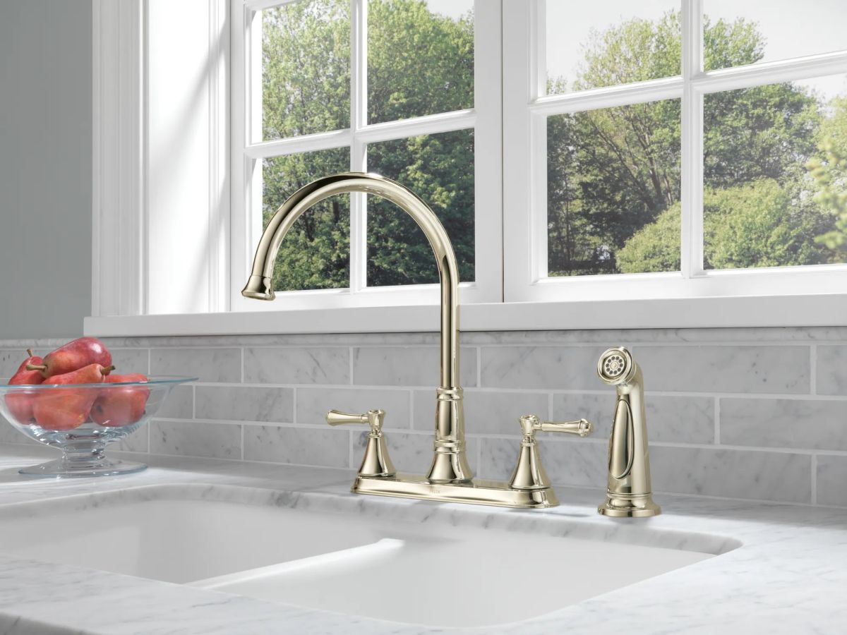 DELTA Cassidy Two Handle Kitchen Faucet with Spray — Polished Nickel