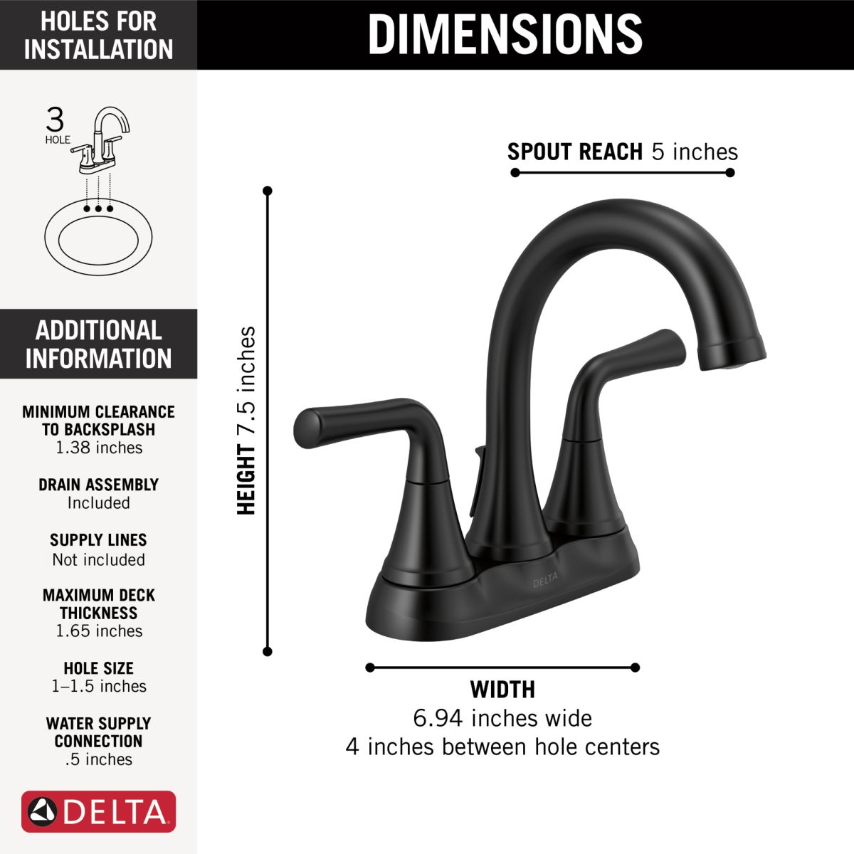 DELTA Kayra Two Handle Centerset Bathroom Faucet — Matte Black