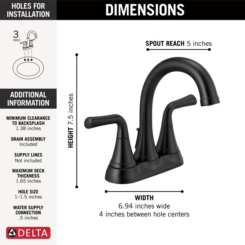 DELTA Kayra Two Handle Centerset Bathroom Faucet — Matte Black