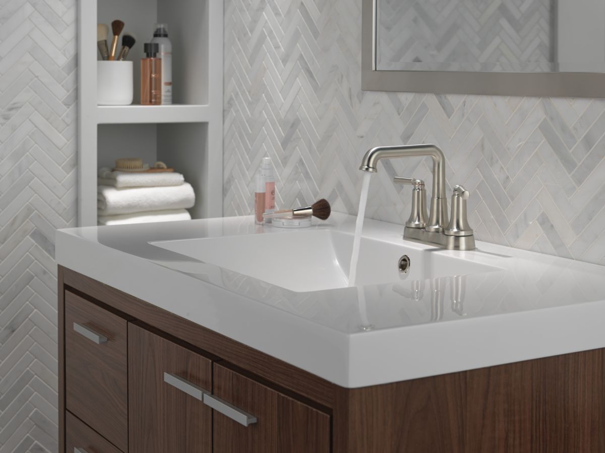 DELTA Saylor Two Handle Centerset Bathroom Faucet — Stainless
