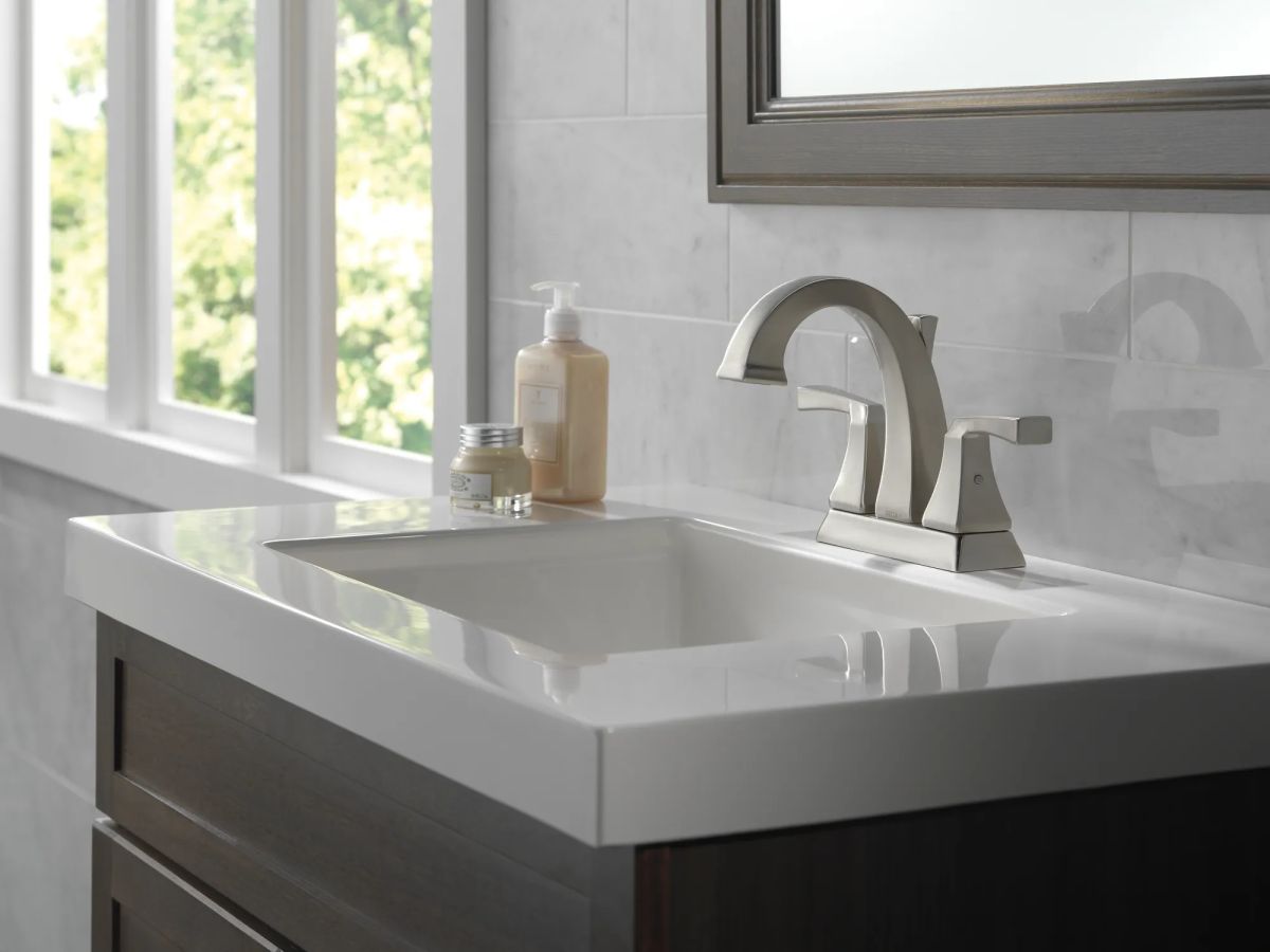 DELTA Dryden Two Handle Centerset Bathroom Faucet — Stainless