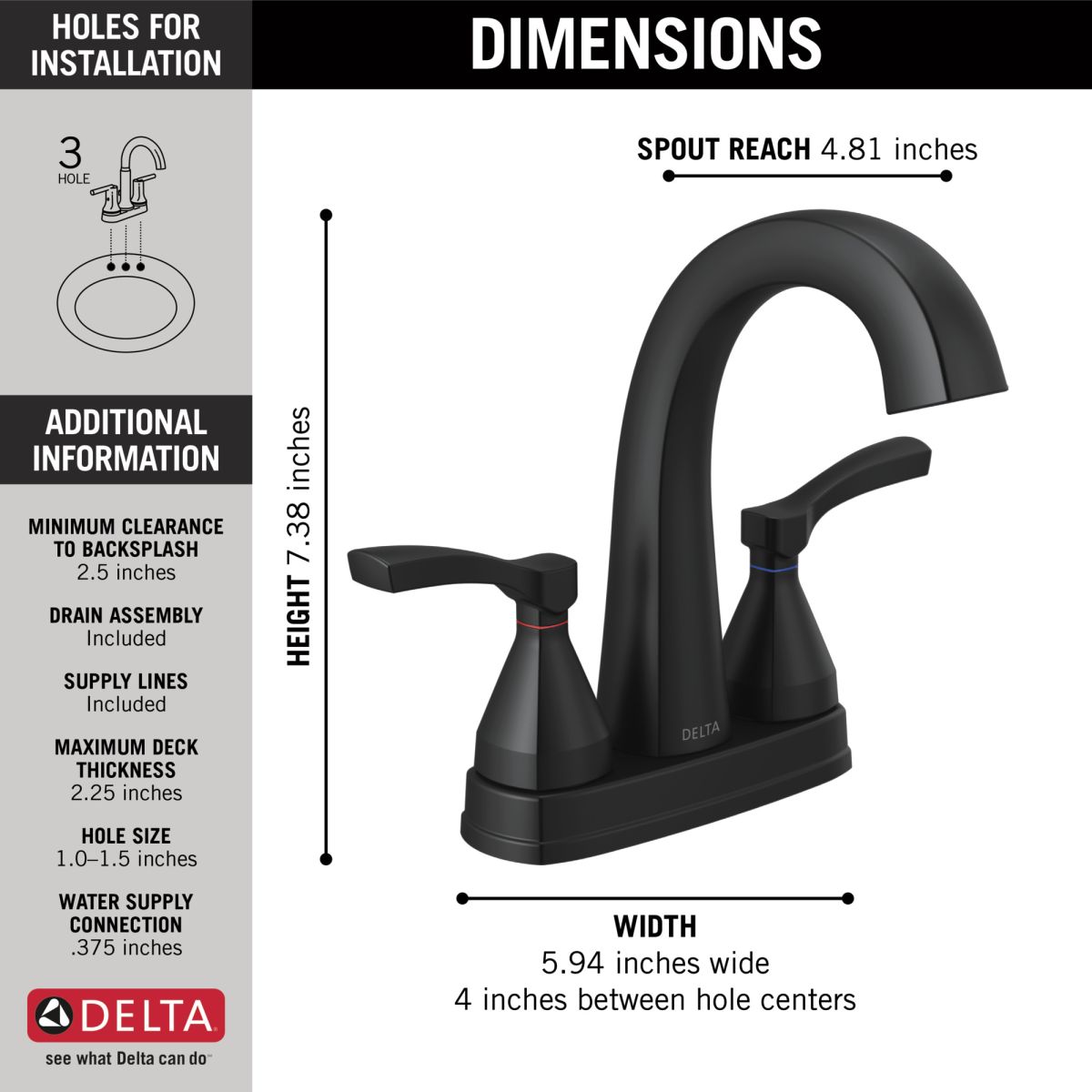 DELTA Stryke Two Handle Centerset Bathroom Faucet — Matte Black