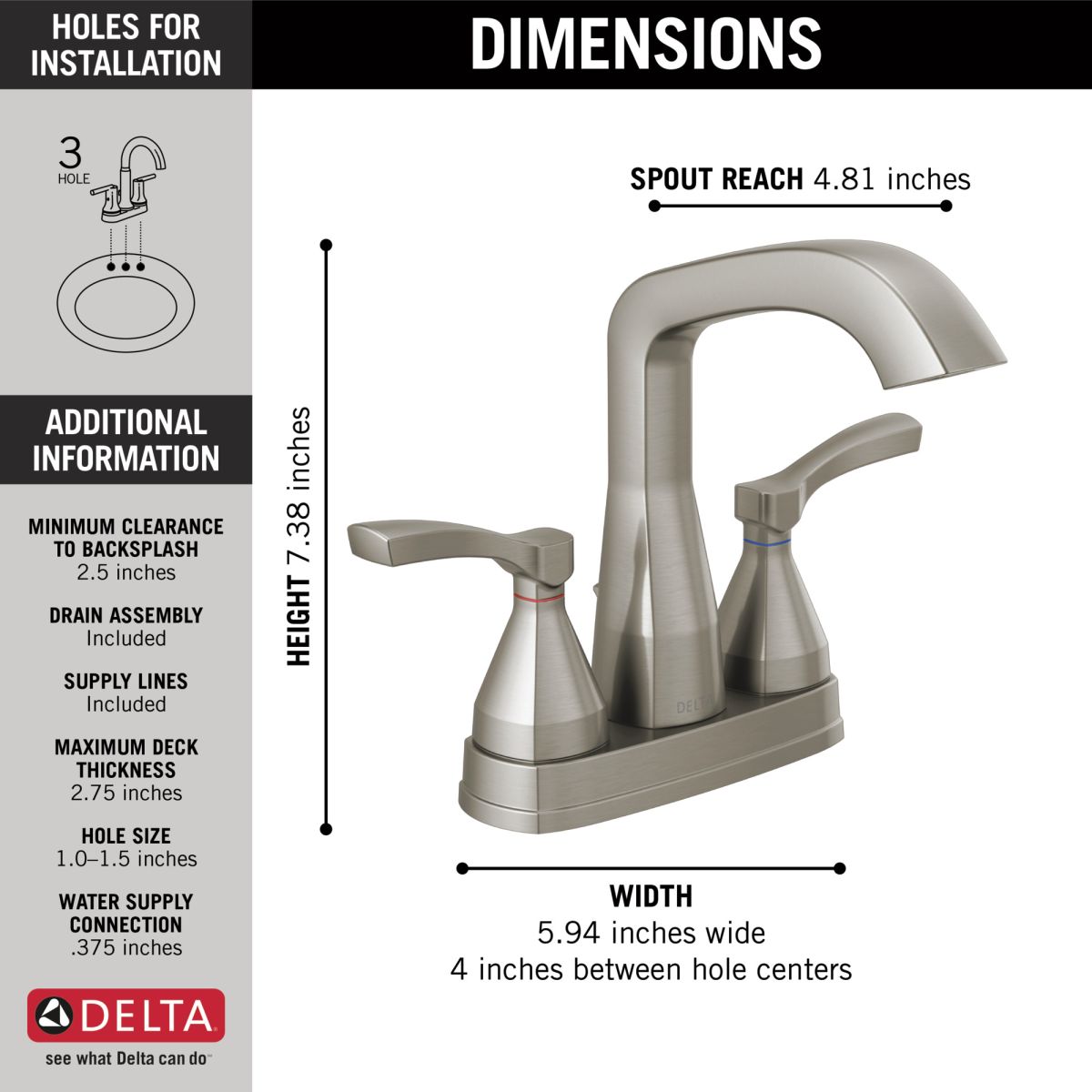 DELTA Stryke Two Handle Centerset Bathroom Faucet — Lumicoat® Stainless