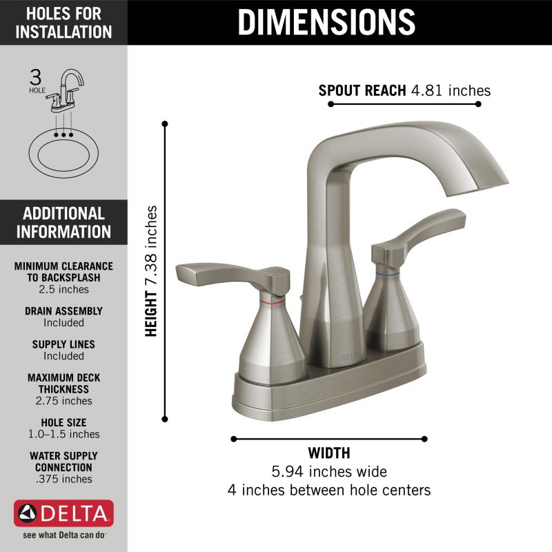 DELTA Stryke Two Handle Centerset Bathroom Faucet — Lumicoat® Stainless