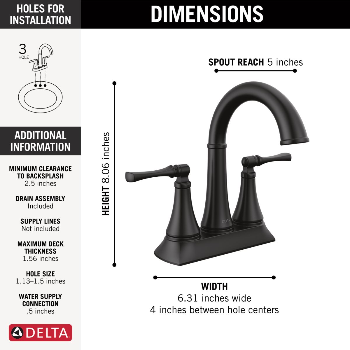 DELTA Archdale Two Handle Centerset Bathroom Faucet — Matte Black