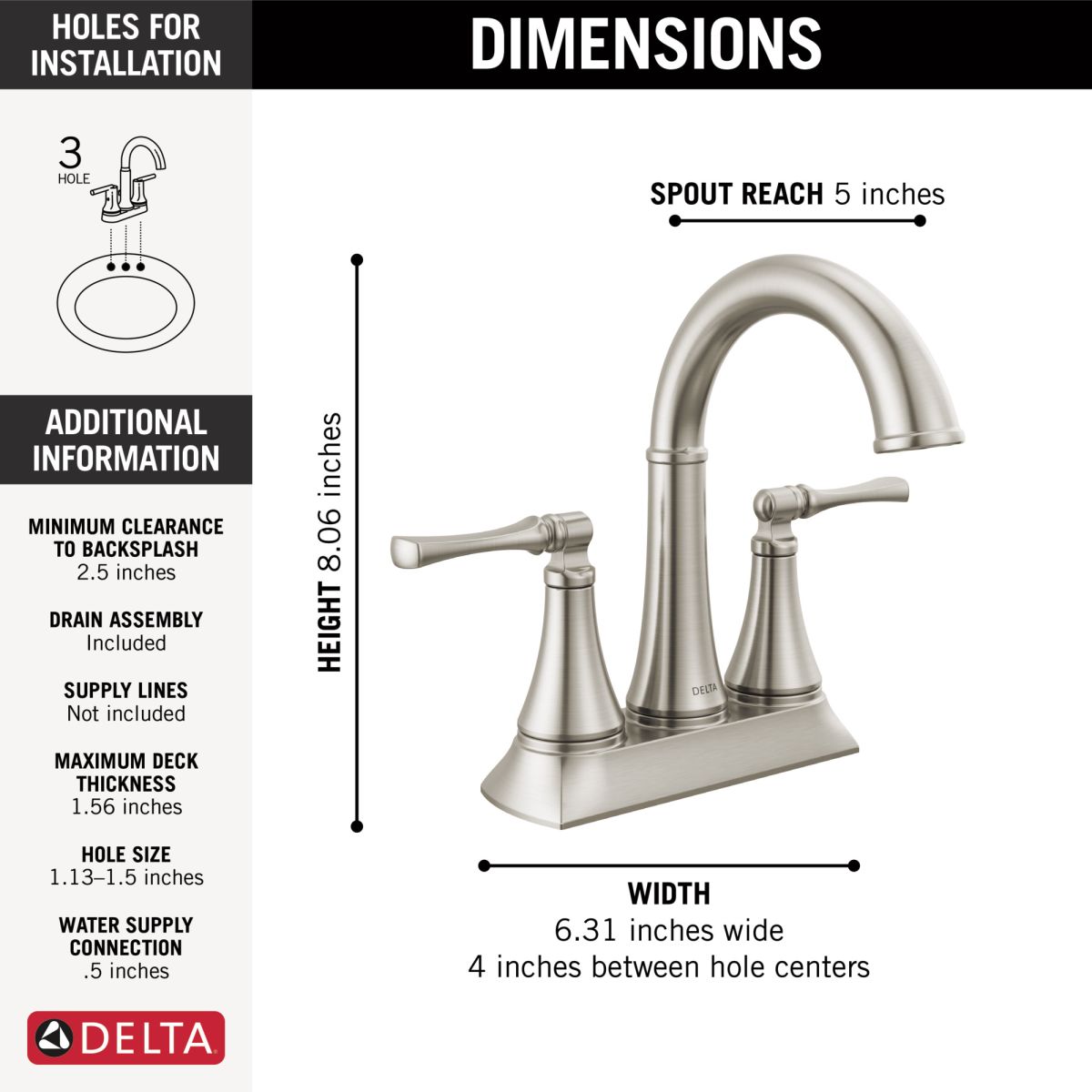 DELTA Archdale Two Handle Centerset Bathroom Faucet — Spotshield Brushed Nickel